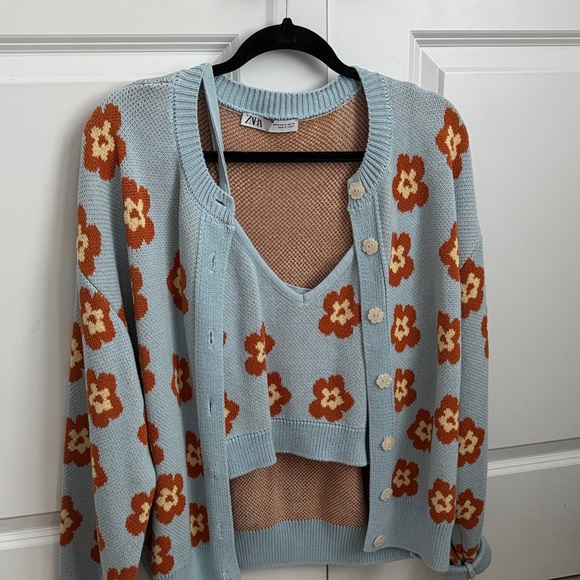 Zara Sweaters - Zara Light Blue Floral Knit Cardigan and Tank Set